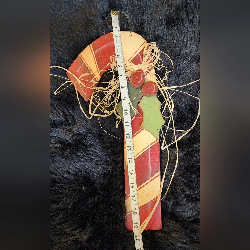 Vintage Rustic Wooden Candy Cane and Holly Door Hanger